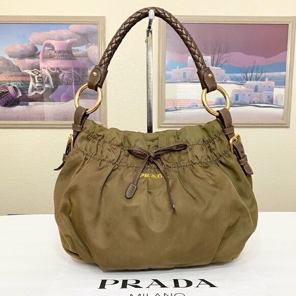 PRADA Olive Brown Nylon Leather Handbag 👜 - Picture 1 of 17